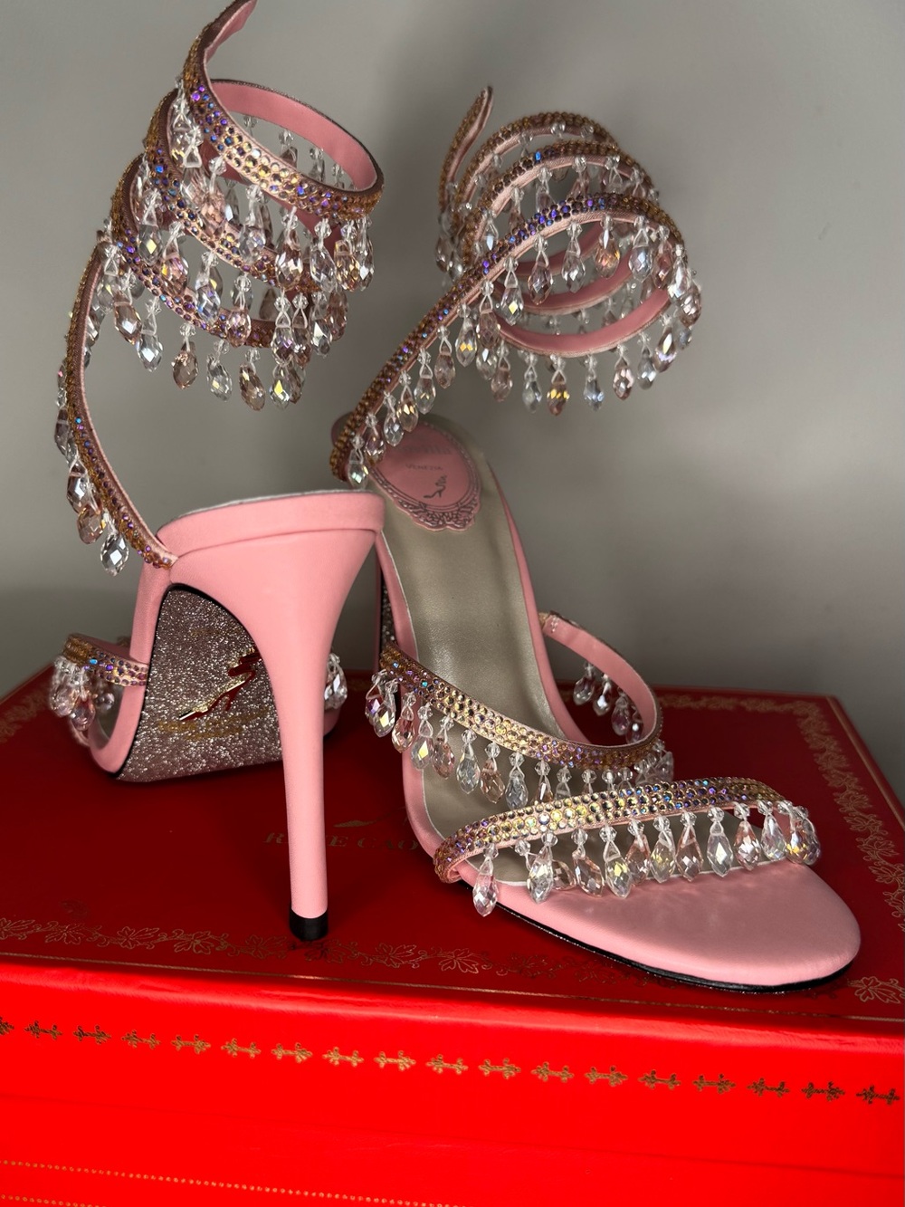 Rene Caovilla Pink Crystal Drop Spiral Ankle Stilettos